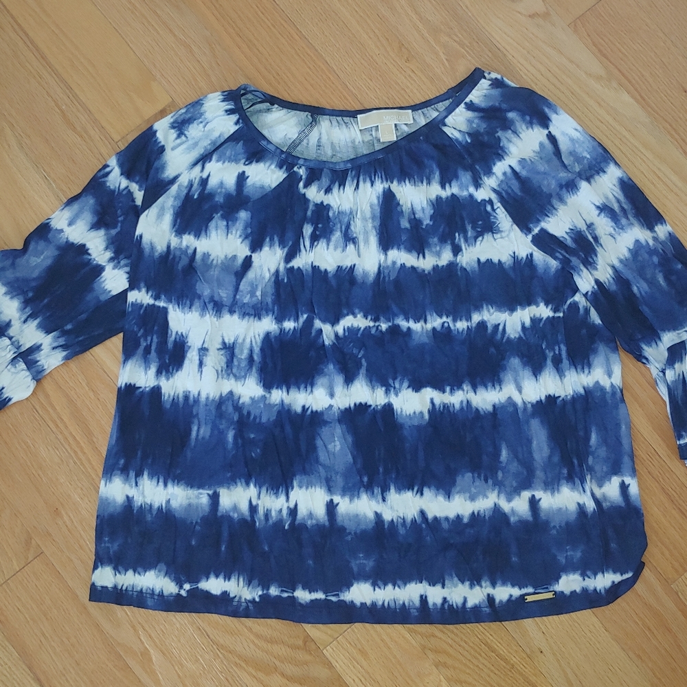NWOT MICHAEL Michael Kors Blue & White Peasant-Style Tie Dye Top – Size L